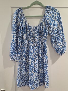 Mango White Dress with Blue Floral Print